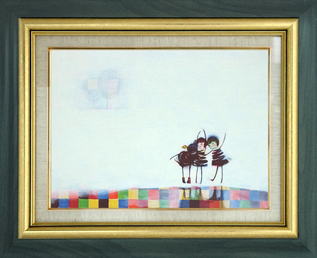 油絵 菅家令子 絵 絵画インテリア額付(青緑＋金色の枠)F4-081914女の子 油絵 菅家令子 絵 絵画インテリア額付(青緑＋金色の枠) F4-071012女性