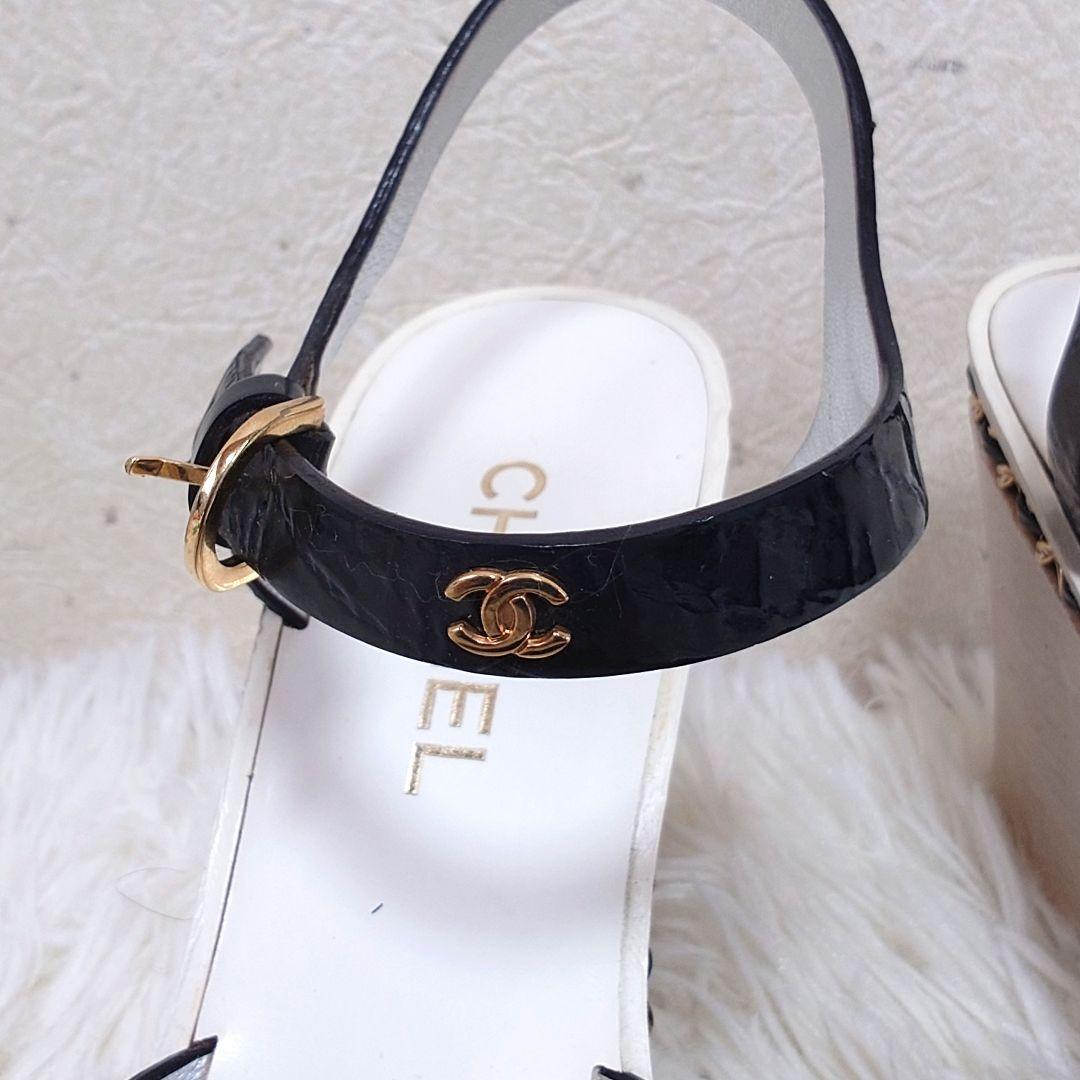 シャネル ミュール チェーン ココマーク ウッドソール 36c エナメル