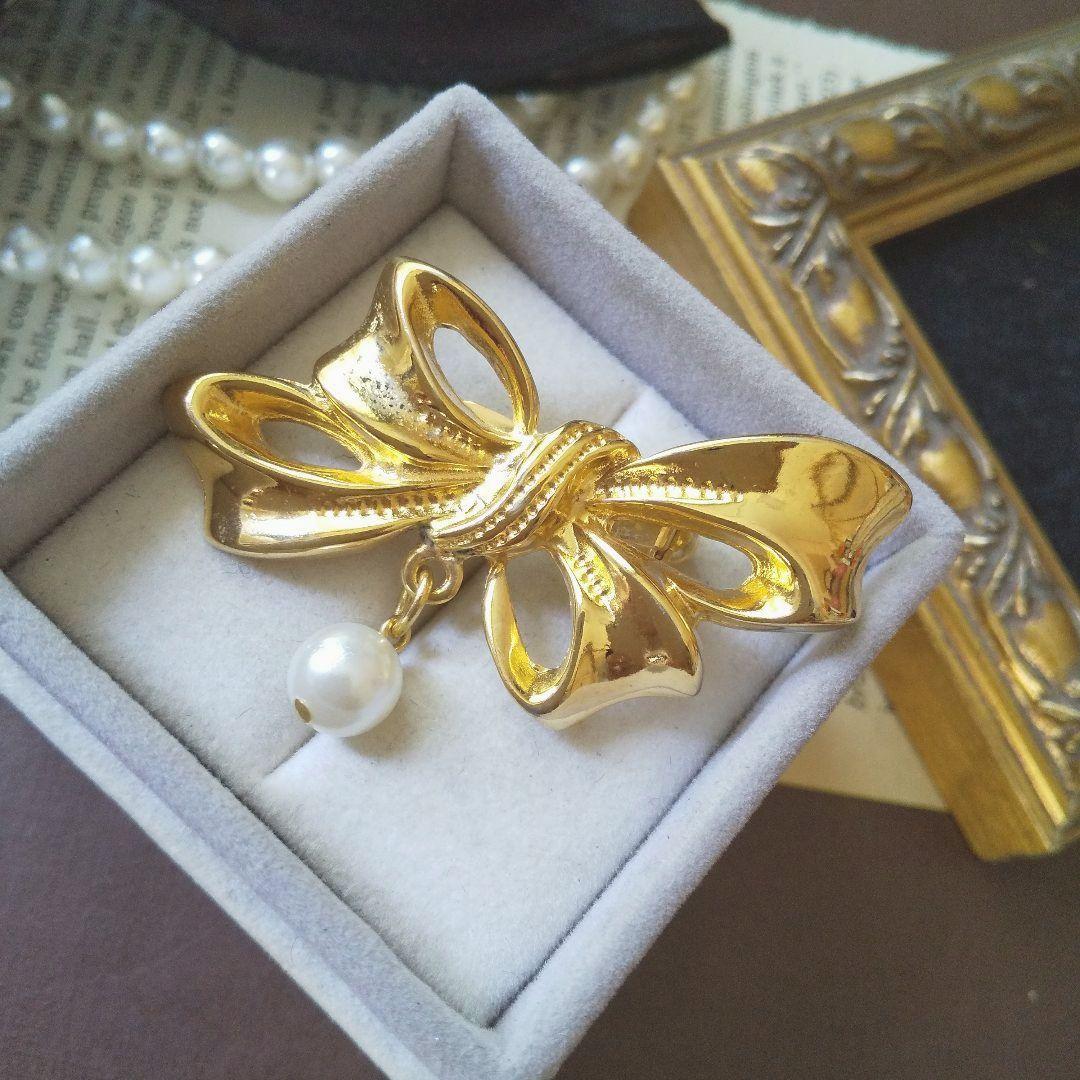 真珠 ゴールドリボンブローチ パール 冠婚葬祭 結婚式 ribbon 蝶々結び