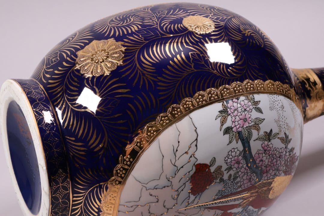 薩摩焼 栄盛窯 瀧山作 金襴手花鳥図鶴首大花瓶 65.7cm 飾瓶【CM208】