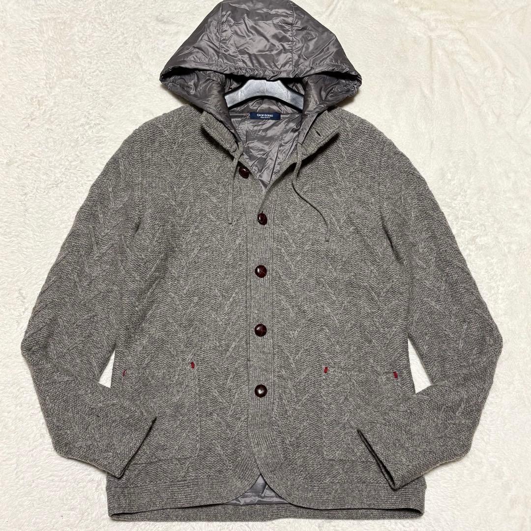 美品 グランサッソ ニット フード 胡桃ボタン ブルゾン グレー 48/L 美品 グランサッソ ニット フード 胡桃ボタン ブルゾン グレー 48/L