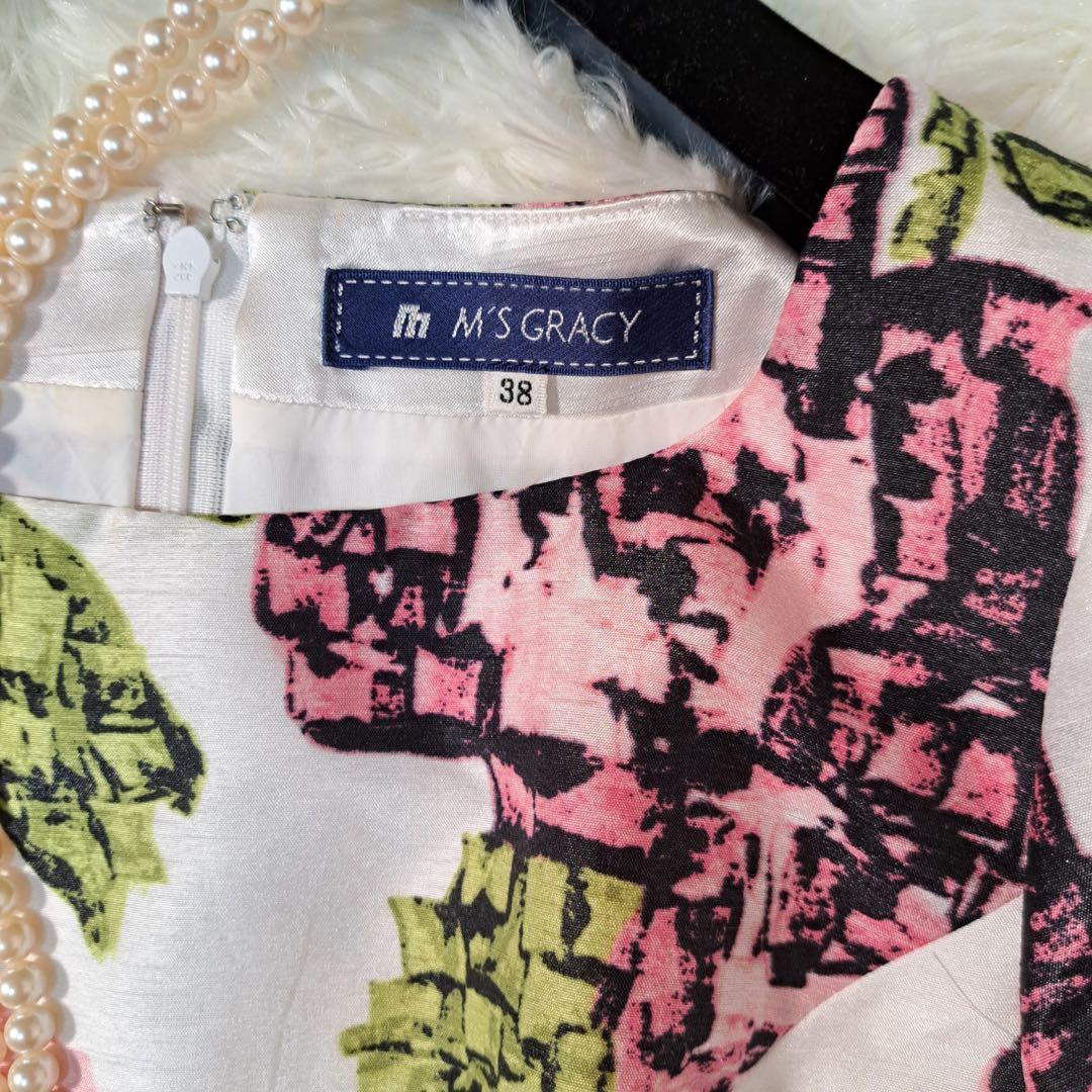 花柄✨エムズグレイシー ワンピース M 花柄 薔薇 Aライン 半袖 38