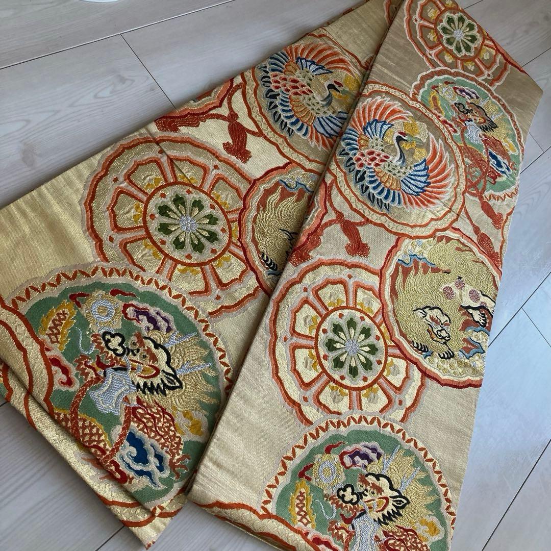 アンティーク丸帯　龍・鶴・唐獅子　織り出し　大正ロマン　正絹　No.77-100