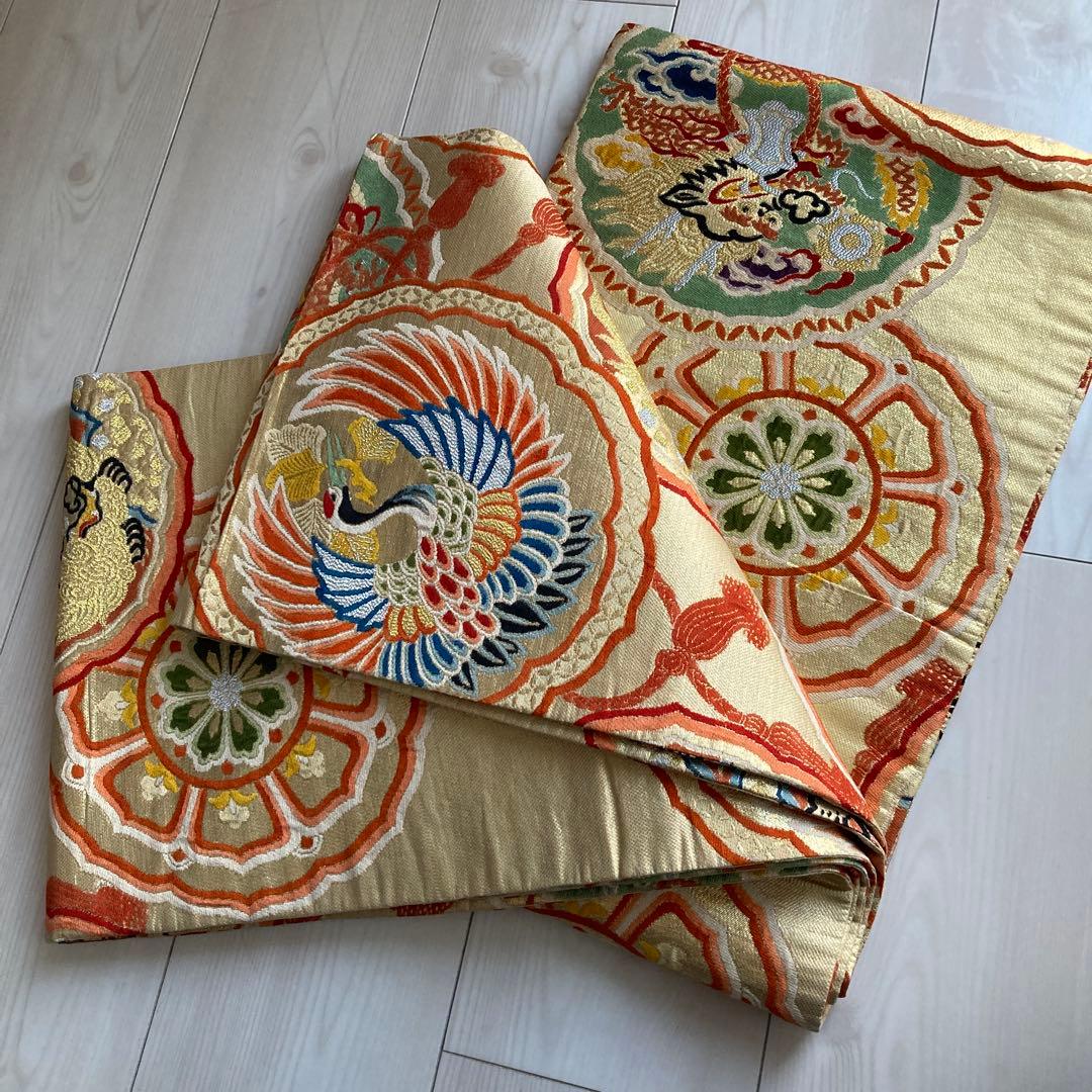 アンティーク丸帯　龍・鶴・唐獅子　織り出し　大正ロマン　正絹　No.77-100