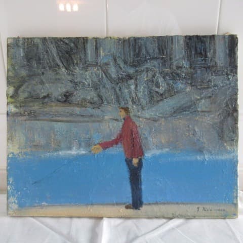 真作 西村功 「コインを探す少年」 F6号 油彩 安井賞 J1
