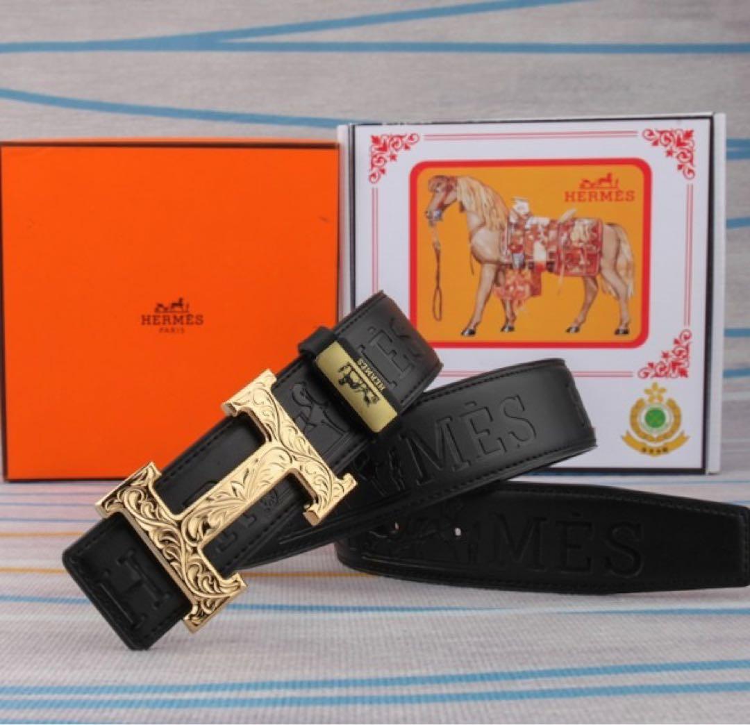 ♡HERMES ブラック レザーベルトHバックルゴールド金具 型押しロゴ箱