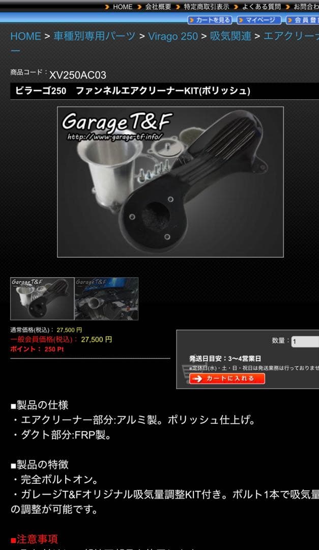 garage t&f XV250 ビラーゴ　ファンネルエアクリーナーKIT Garage T＆F ガレージ ファンネルエアクリーナーキット ビラーゴ250