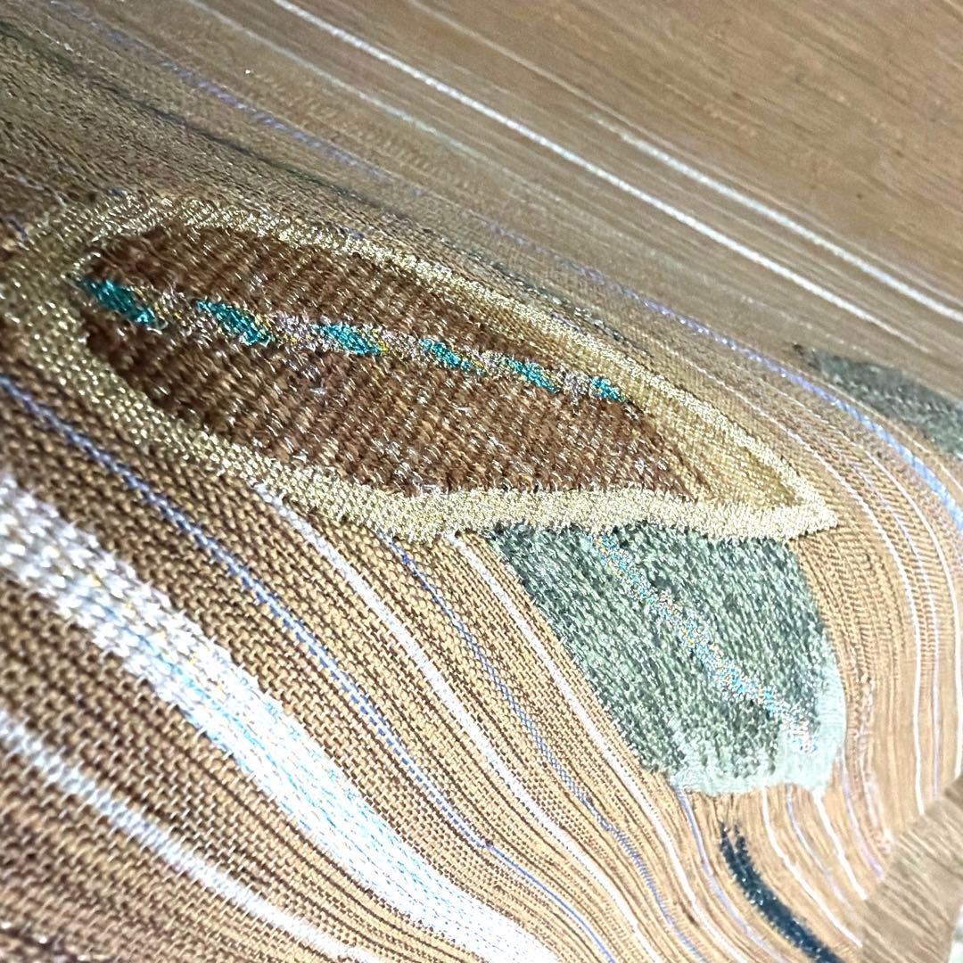 正絹　紬　袋帯《縞　葉模様》