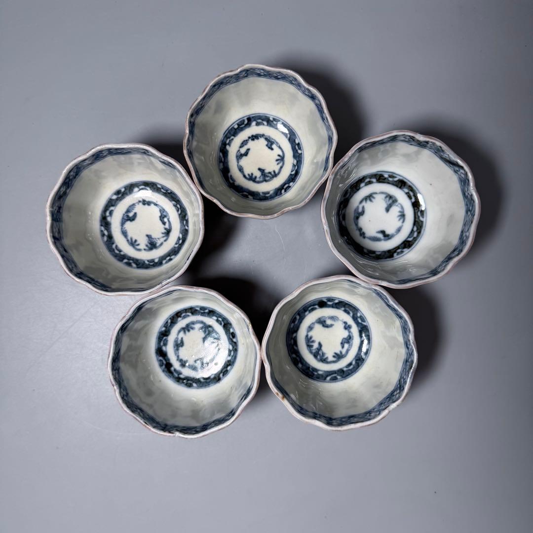 江戸後期 古伊万里 色絵金瓢箪文輪花形向付 五客 ○×高台 小鉢 蕎麦