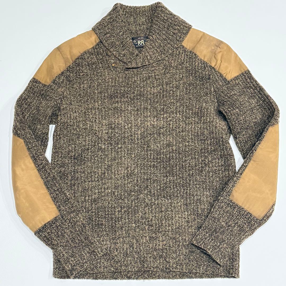 美品 RRL ショールカラー ニット ラルフローレン エルボーパッチ ショルダー ポロラルフローレン ショールカラーニット レザーエルボーパッチ