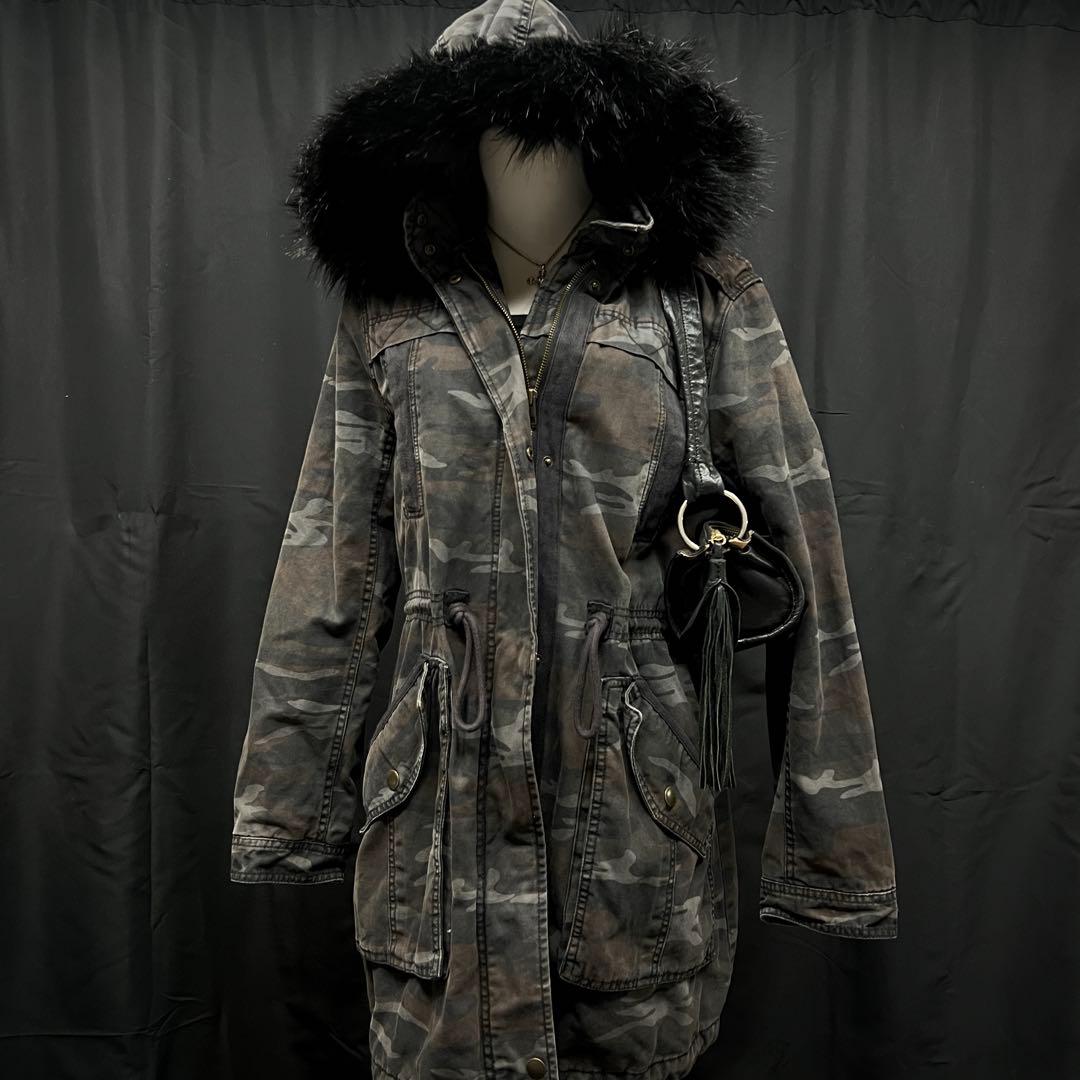 ダークコア 平成ギャル y2k ファー付き モッズコート 迷彩 グランジ