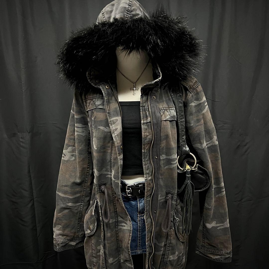 ダークコア 平成ギャル y2k ファー付き モッズコート 迷彩 グランジ