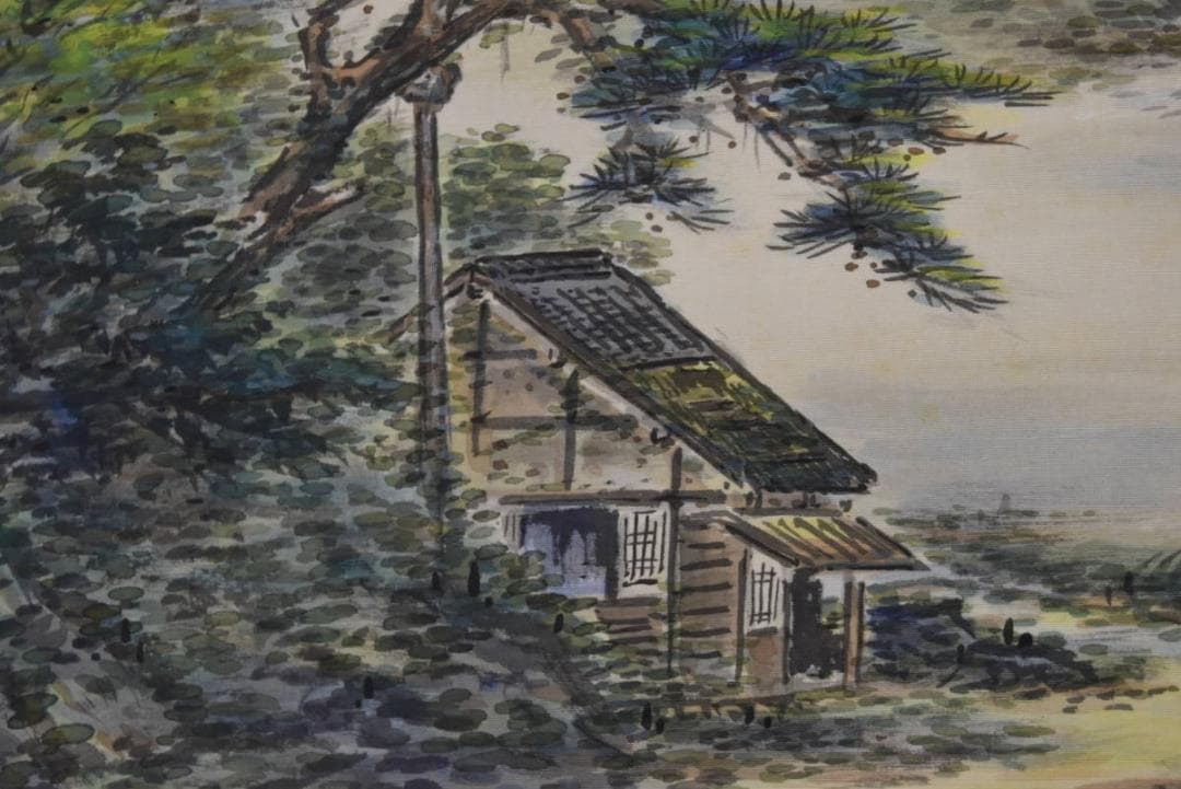 【真作】荻田東嶺/深渓緑陰図/青緑山水図/横物/掛軸☆宝船☆Z-913