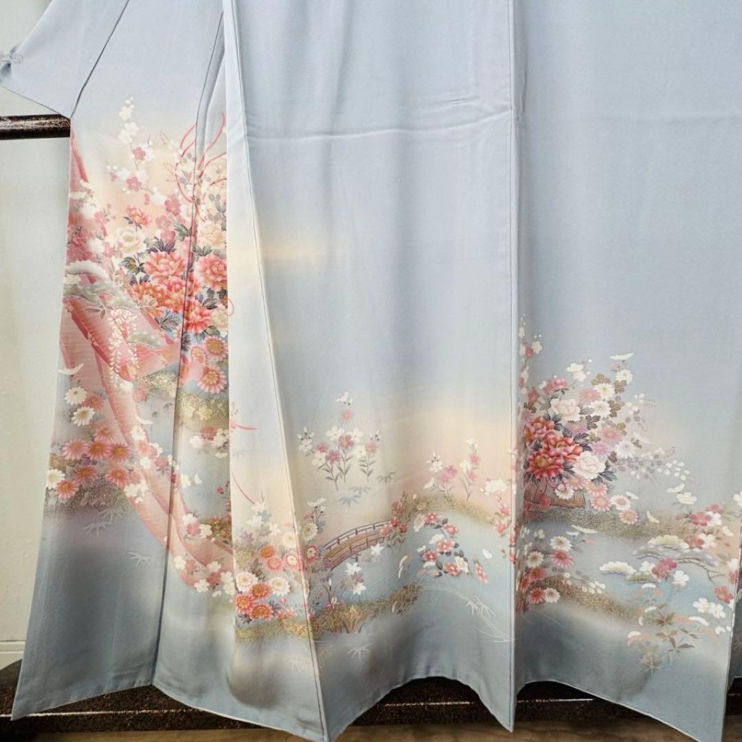 超美品 正絹 袷 広襟 訪問着 付け下げ 着物 162裄61.5 水色 作家物