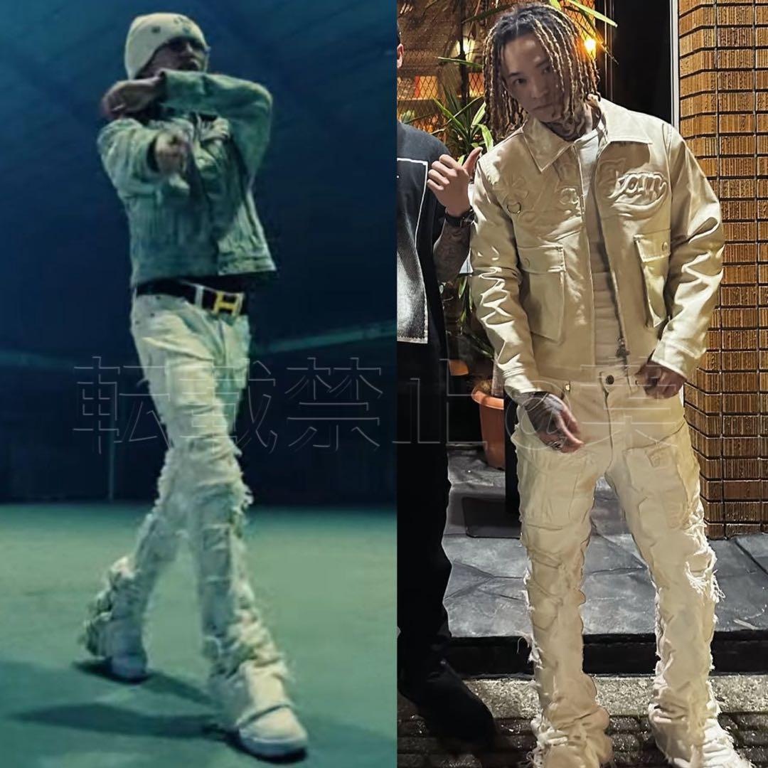 valabasasバラバサス クラッシュリペアスキニーフレアデニム ホワイト