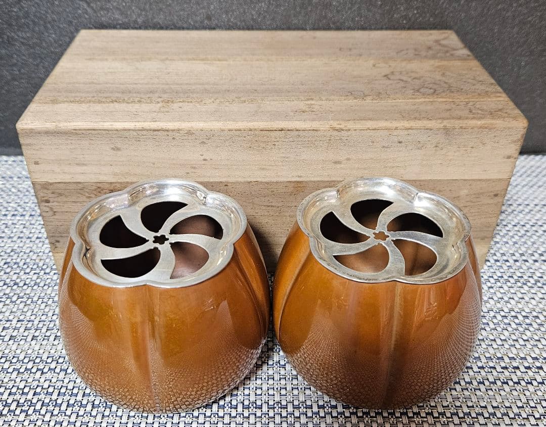 銀座 山崎商店謹製 赤銅 阿古陀香炉 一対 共箱 茶道具 香道具 透かし蓋