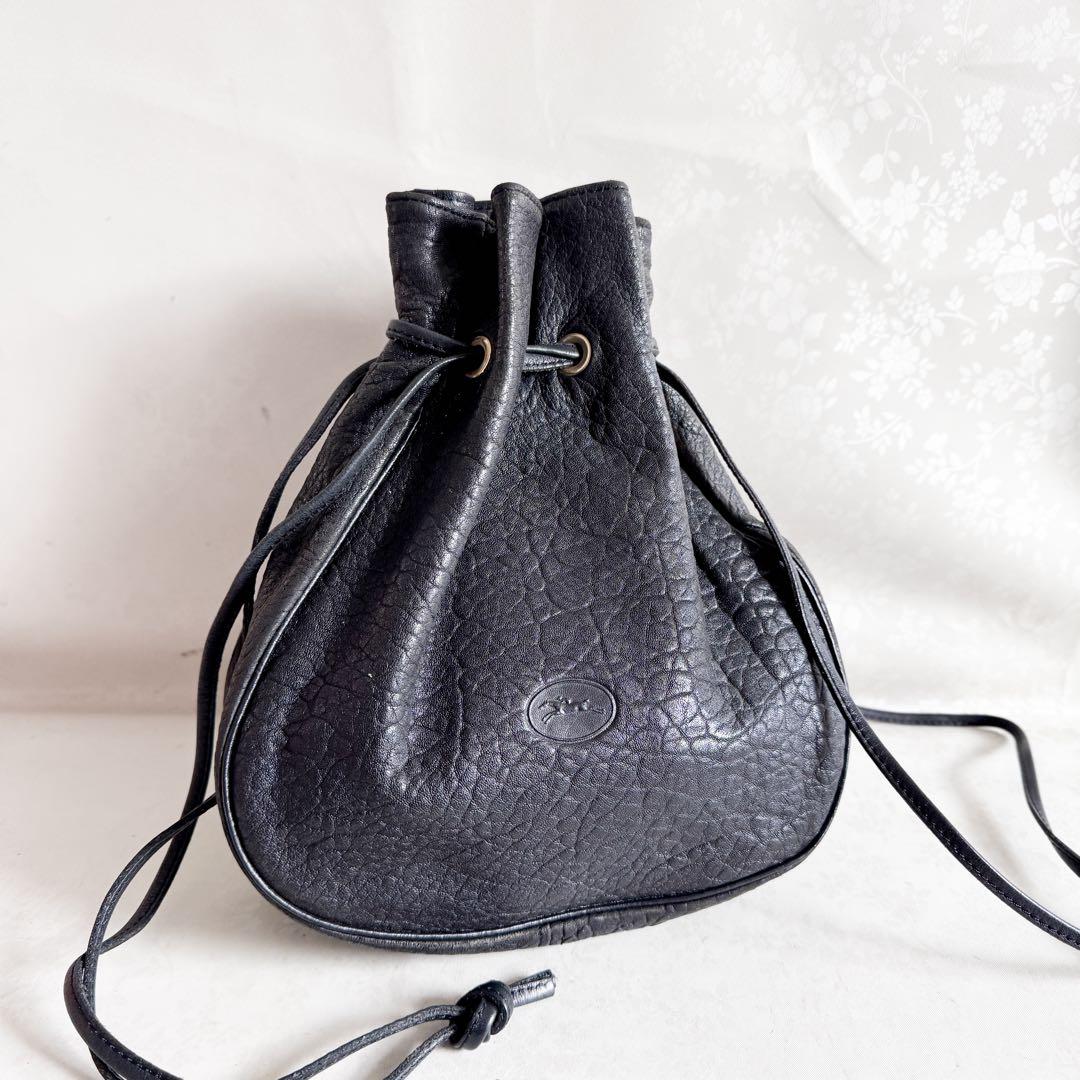 Longchamp ロンシャン オールレザー 巾着バッグ ブラック 型押し