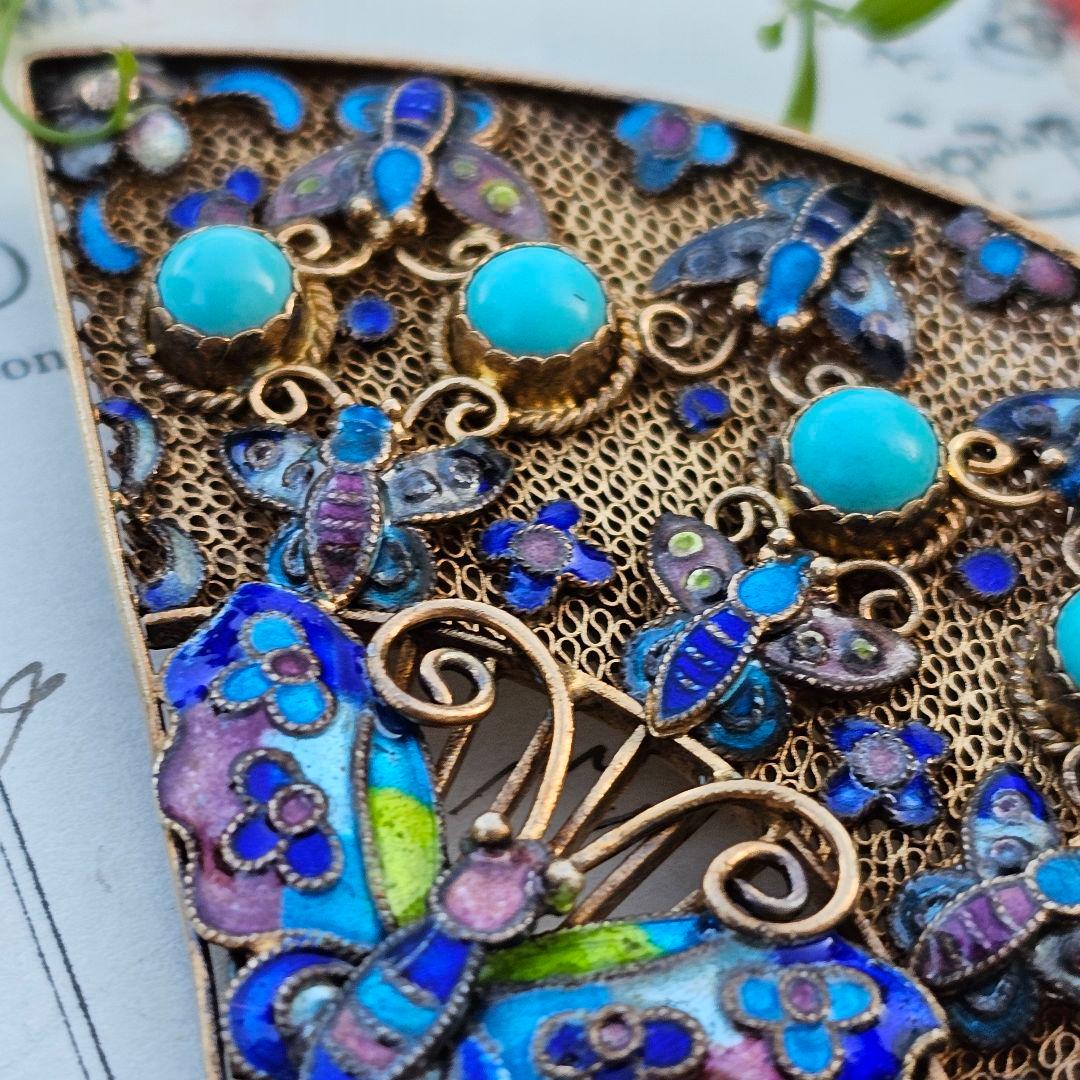 264】中国七宝 銀線細工 蝶々 ヴィンテージブローチ ターコイズ 扇