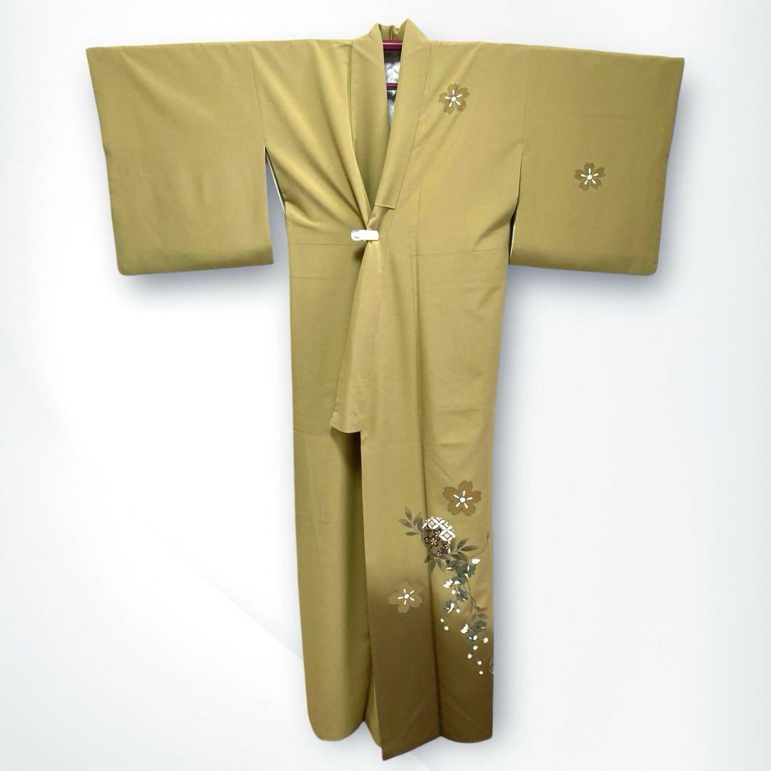 美品✨】東レシルック 洗える着物 付け下げ 緑みのくすみの黄 桜