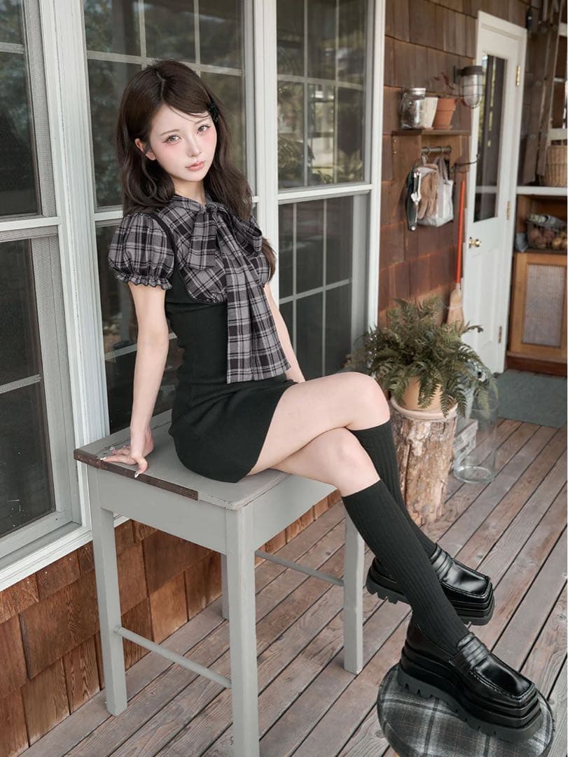 Darich ダーリッチ レイヤードライクボウタイニットミニワンピース