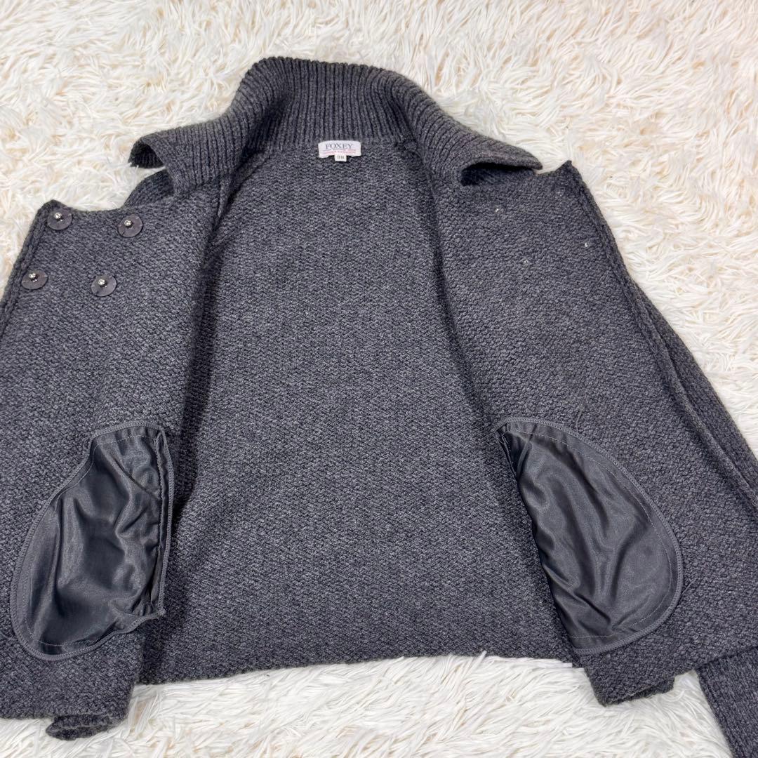 美品 FOXEY ニットカーディガン カシミヤ シルク 水牛釦 グレー 38