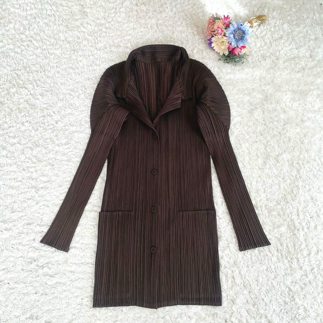人気✨プリーツプリーズ♡長袖ロングブラウス カーディガン ポケット付き　3 濃茶 PLEATS PLEASE ISSEY MIYAKE プリーツプリーズ プリーツカーディガン