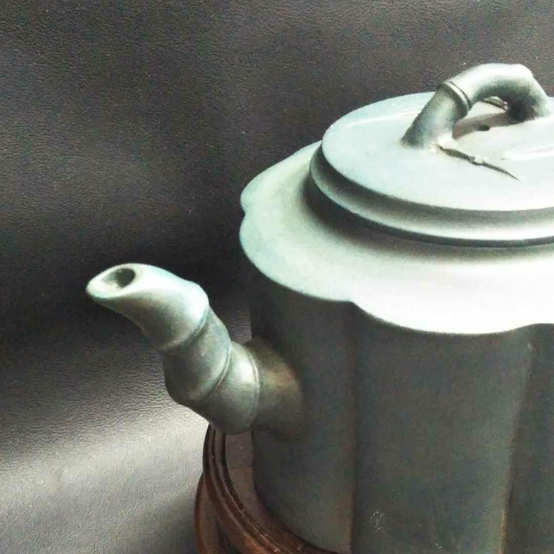 中国古美術/緑泥竹林笹竹紋茶壺/(底款:朱可心)【保存箱付】