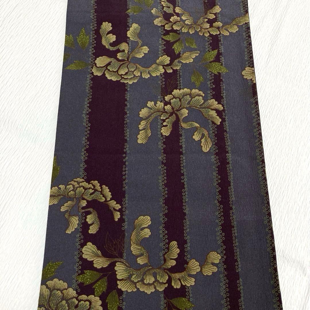 美品✨】撫松庵 洗える着物 小紋 牡丹 縦縞 灰紫 灰青紫 アンティーク調