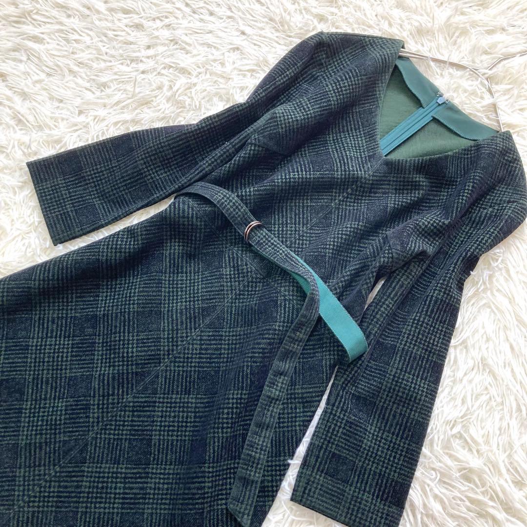 ANAYI フロッキーチェックフレアワンピース ベルト Vネック 緑 アナイ