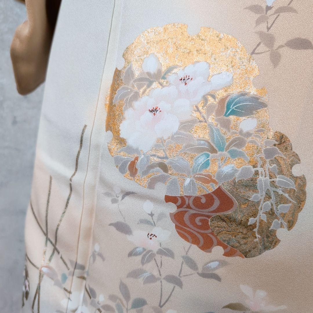 訪問着 フルセット 着物 正絹 ゴールドベージュ Sサイズ 花 しつけ糸金