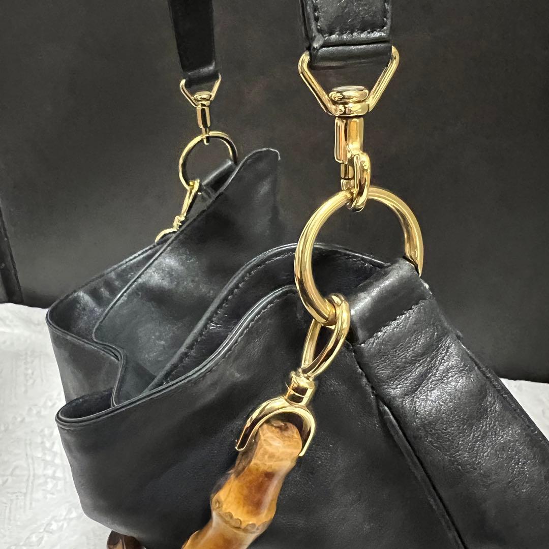 GUCCI オールドグッチ バンブー レザー ショルダー バッグ 黒 ブラック