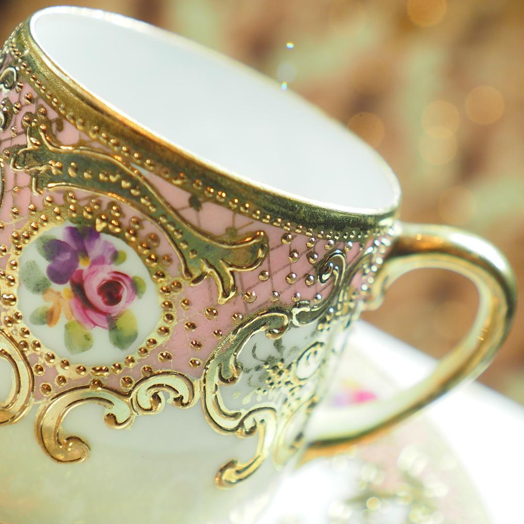 オールドノリタケ 金盛上陽刻桃地薔薇図紋 マルキ印 里帰り