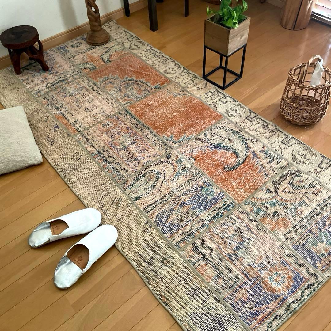 91×191優しいオレンジカラー パッチワーク トルコヴィンテージラグの