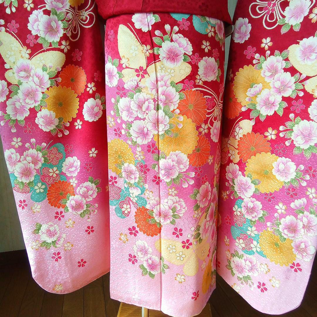 5165振袖単品 KANSAI寛斎ブランド 赤ピンク蝶 正絹 成人式卒業式結婚式