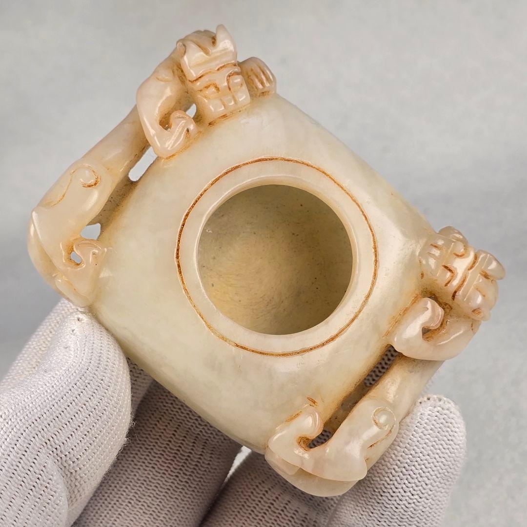 古文房具 本物和田白玉 原石 手彫 清代 双龍出郭 筆洗 筆