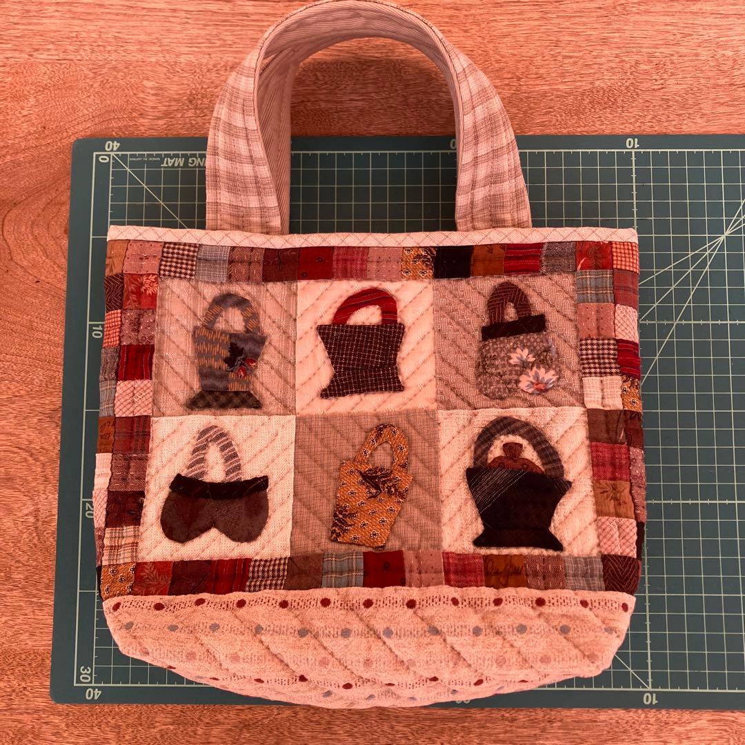 パッチワークキルト かごアップリケのトートバック ハンドメイド