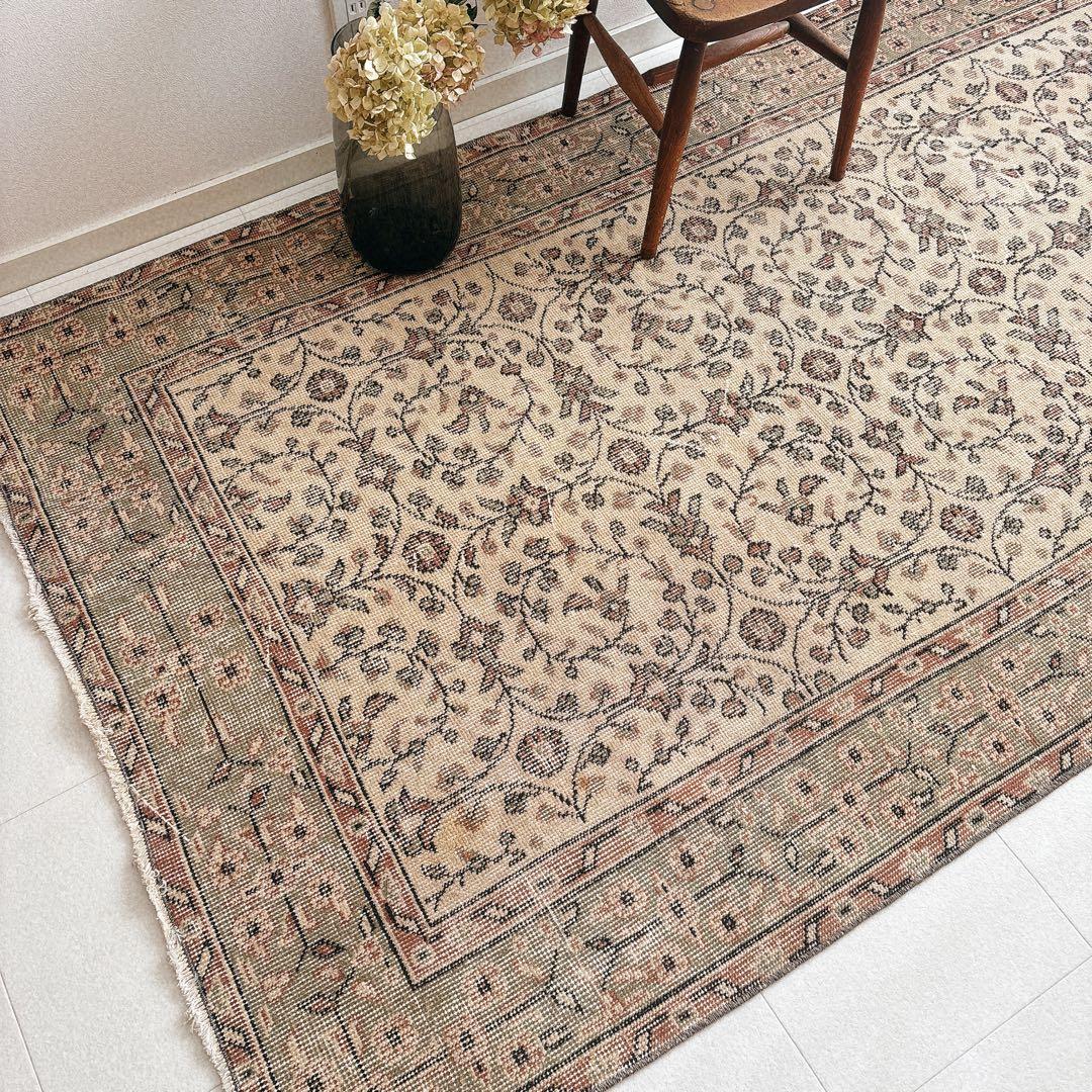 hyokoさま専用トルコ ヴィンテージラグ グリーン ベージュ フローラル