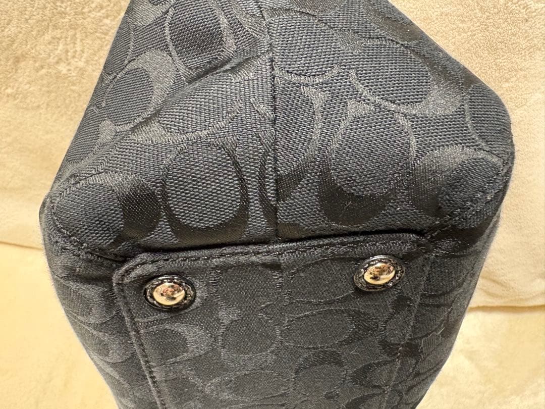 COACH ブラック シグネチャー パテントレザー キャンバス トート