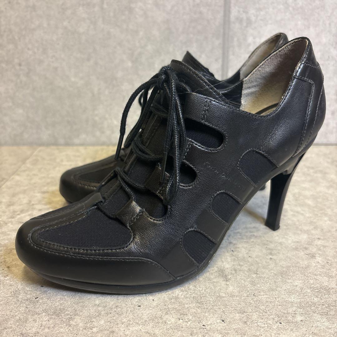 ヨウジヤマモト ハイヒールブーツ レースアップ　メッシュ レザー ヨウジヤマモト ファムYohji Yamamoto FEMME メダリオンサイドジップ