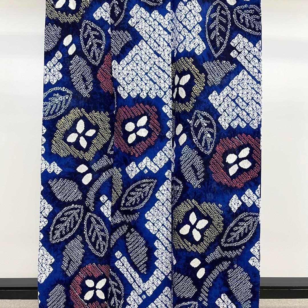 ☆ 夏着物 浴衣 有松鳴海本絞り 縦柄花模様 瑠璃色 しつけ糸 K-