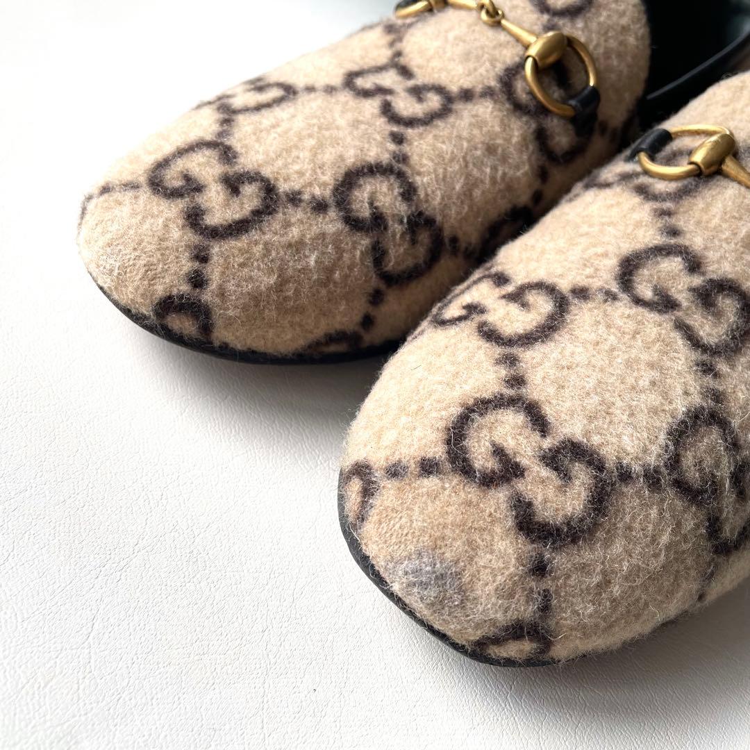 《超美品》グッチ ホース ビット ローファー GG柄 ウール フェルト ベージュ