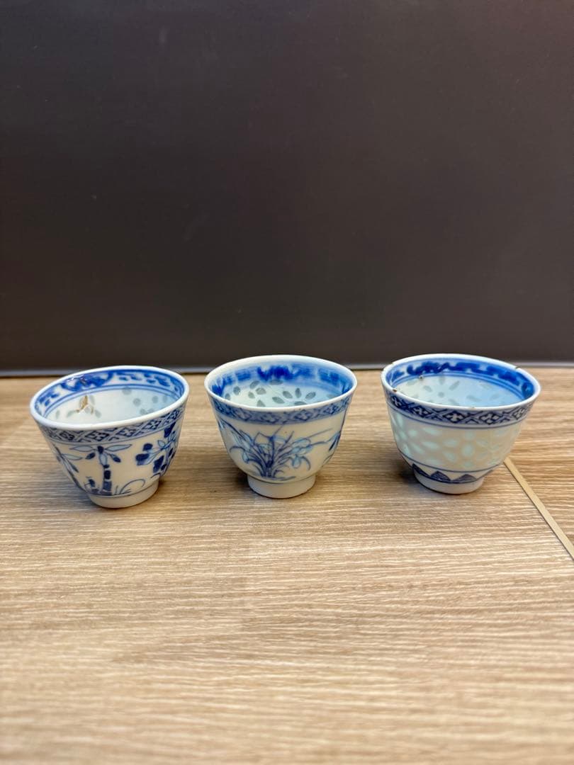 1521 中国骨董 康熙年製銘 染付青花湯呑 3客 時代物