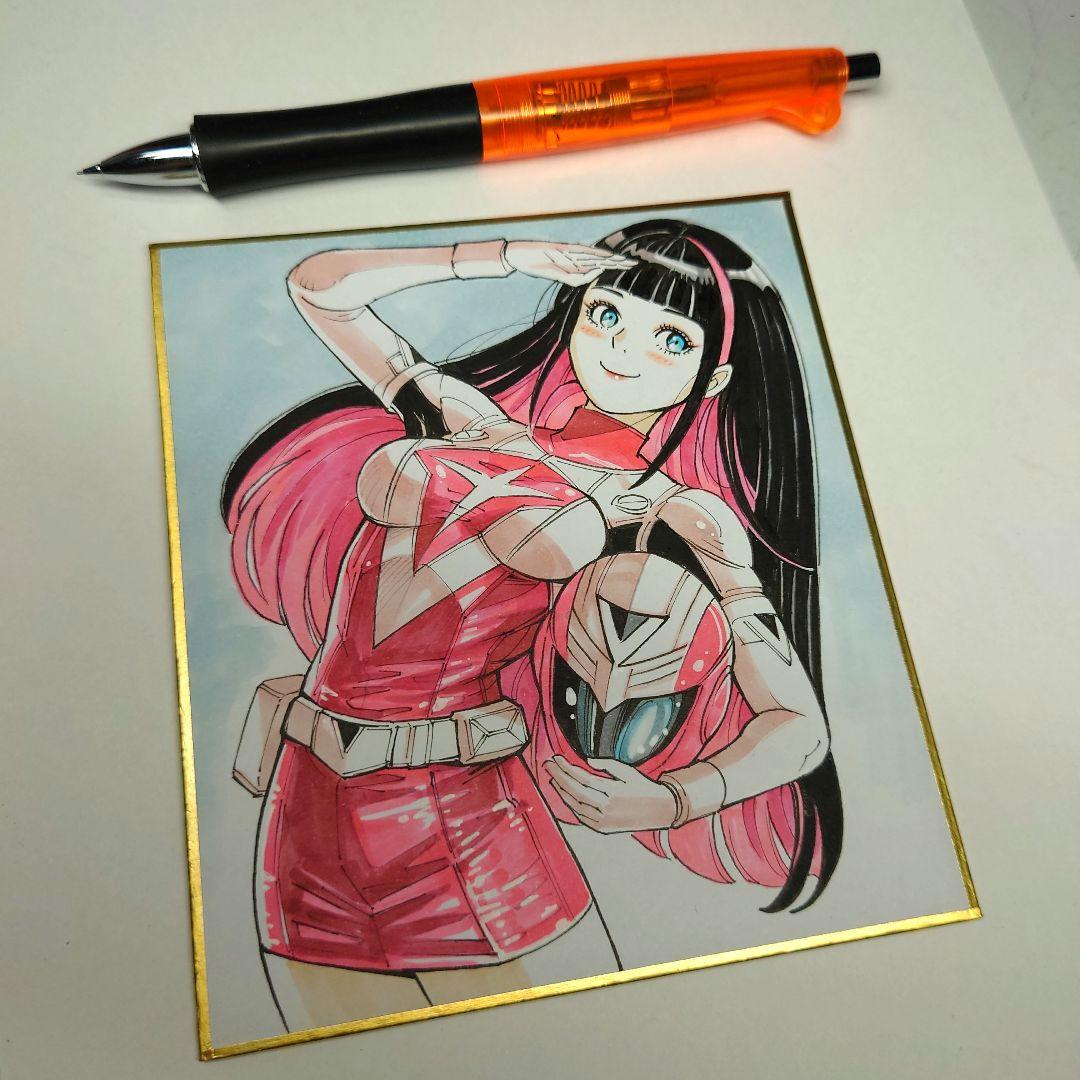 手描きイラスト 092】オリジナル原画色紙美人画「キューティレンジャー