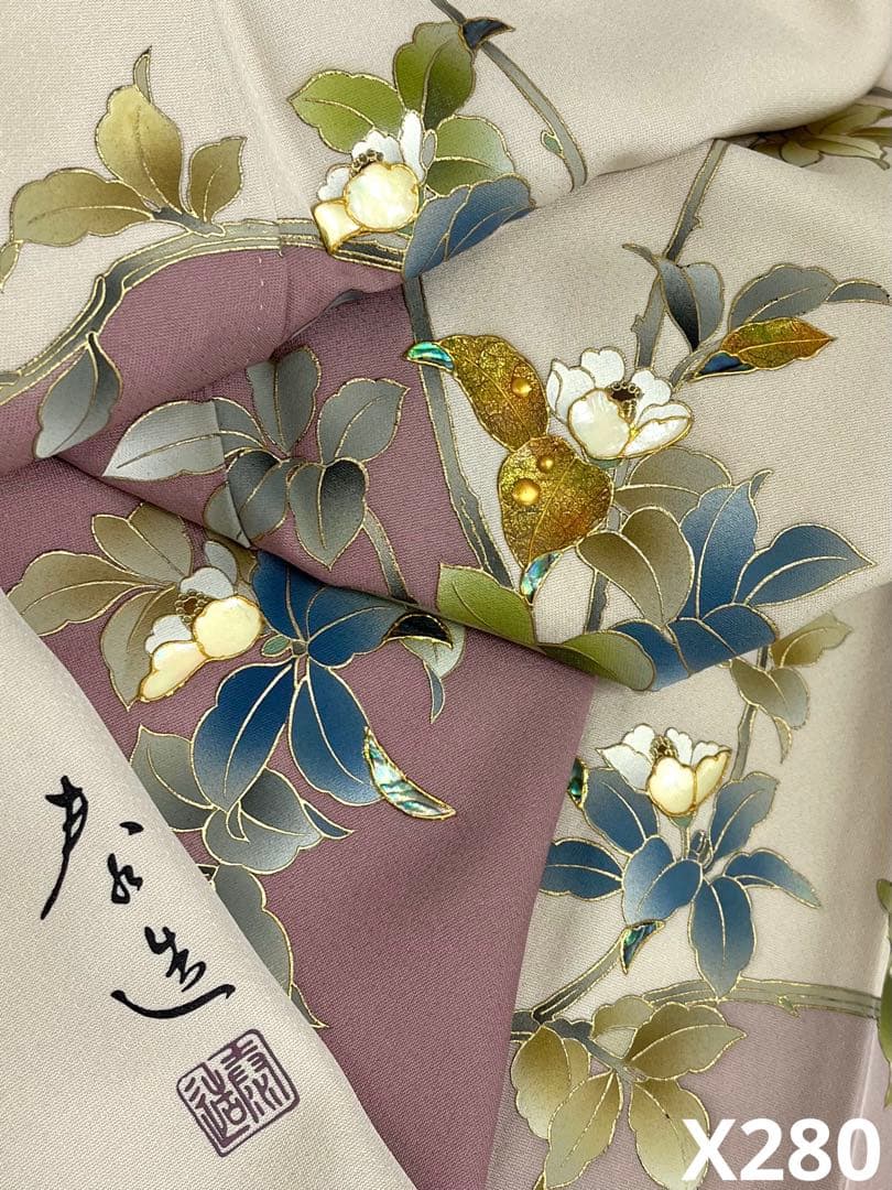 螺鈿細工甲斐泰造落款入椿訪問着付け下げ金彩紋意匠正絹X280 | Buyee