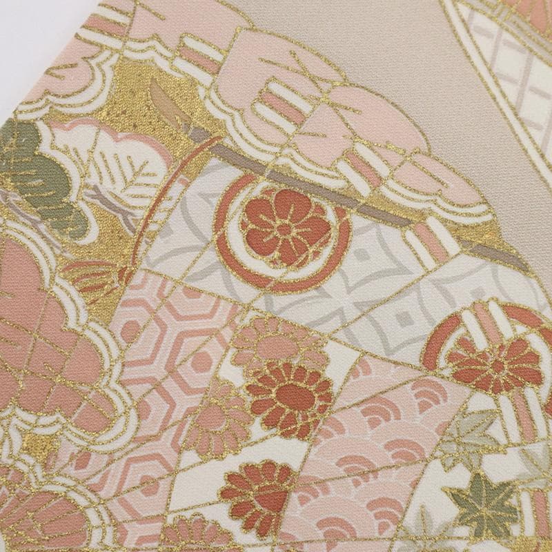 《長尺■色留袖■古典柄◆檜扇に文箱吉祥文■ベージュ◆袷正絹着物◆DY3-7》