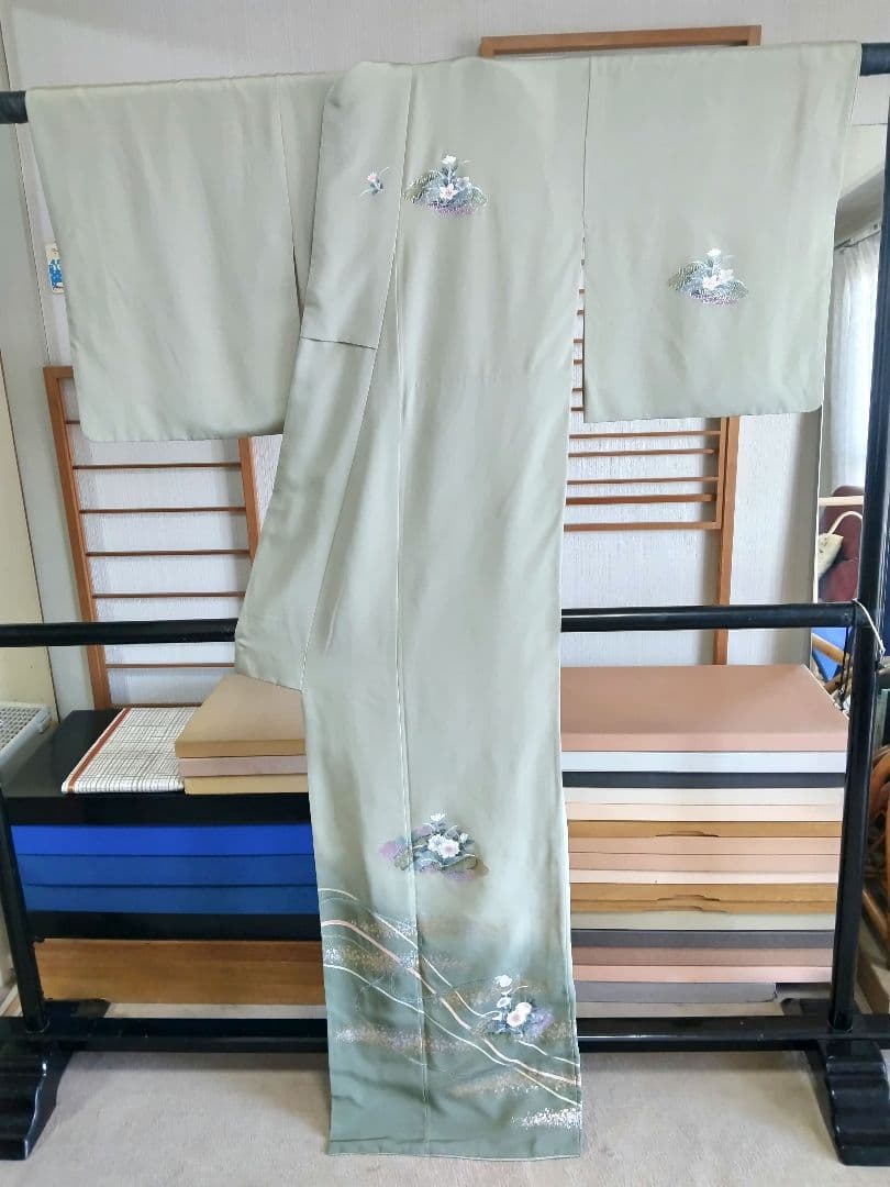 F‐305 付け下げ 京友禅 草花 組紐 袷 金彩 銀彩 暈し 正絹