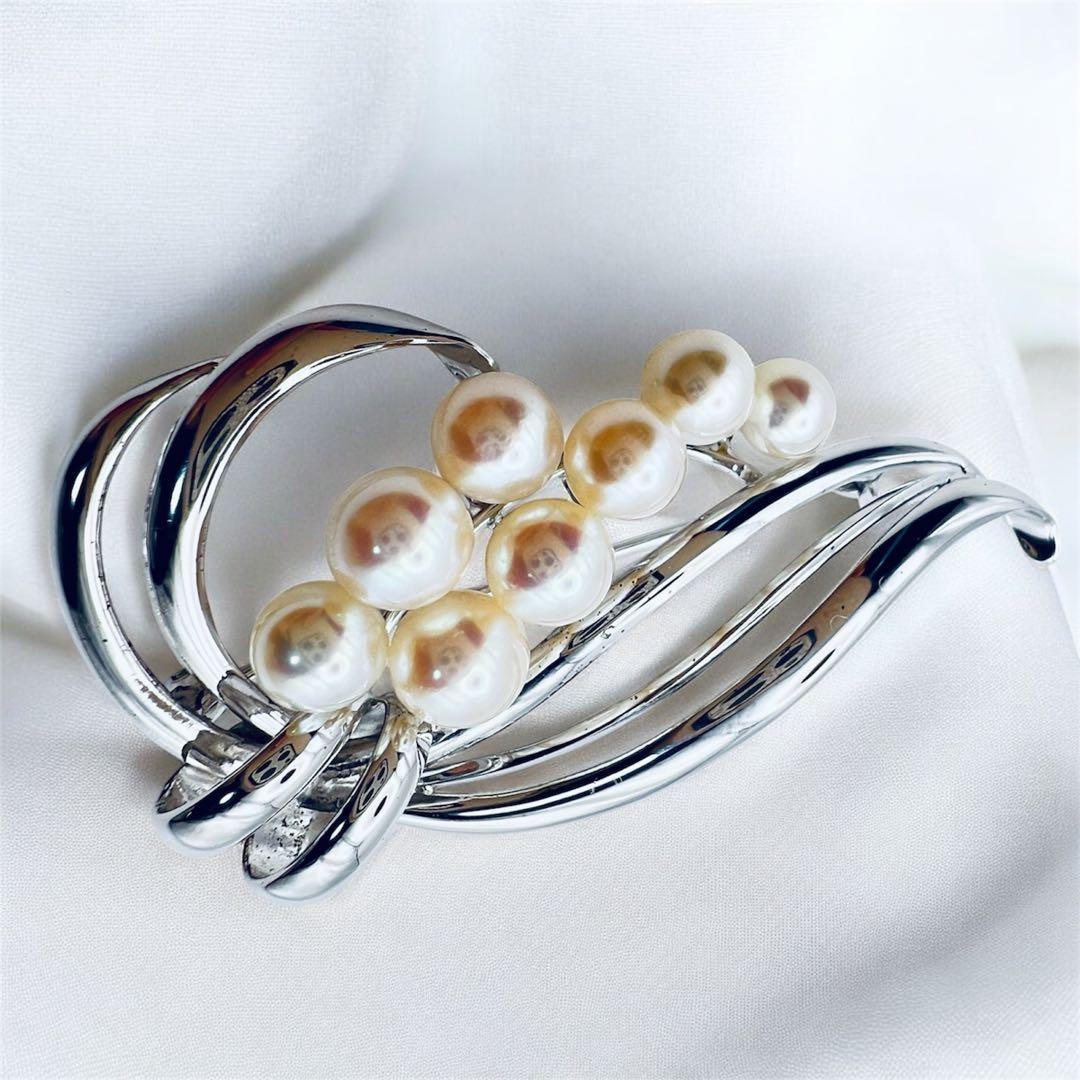 超美品　ミキモト　アコヤパール　8粒　6mm-5mm シルバーブローチ M刻印 MIKIMOTO（ミキモト） パール ピン ブローチ ブーケ 現行モデル アコヤ