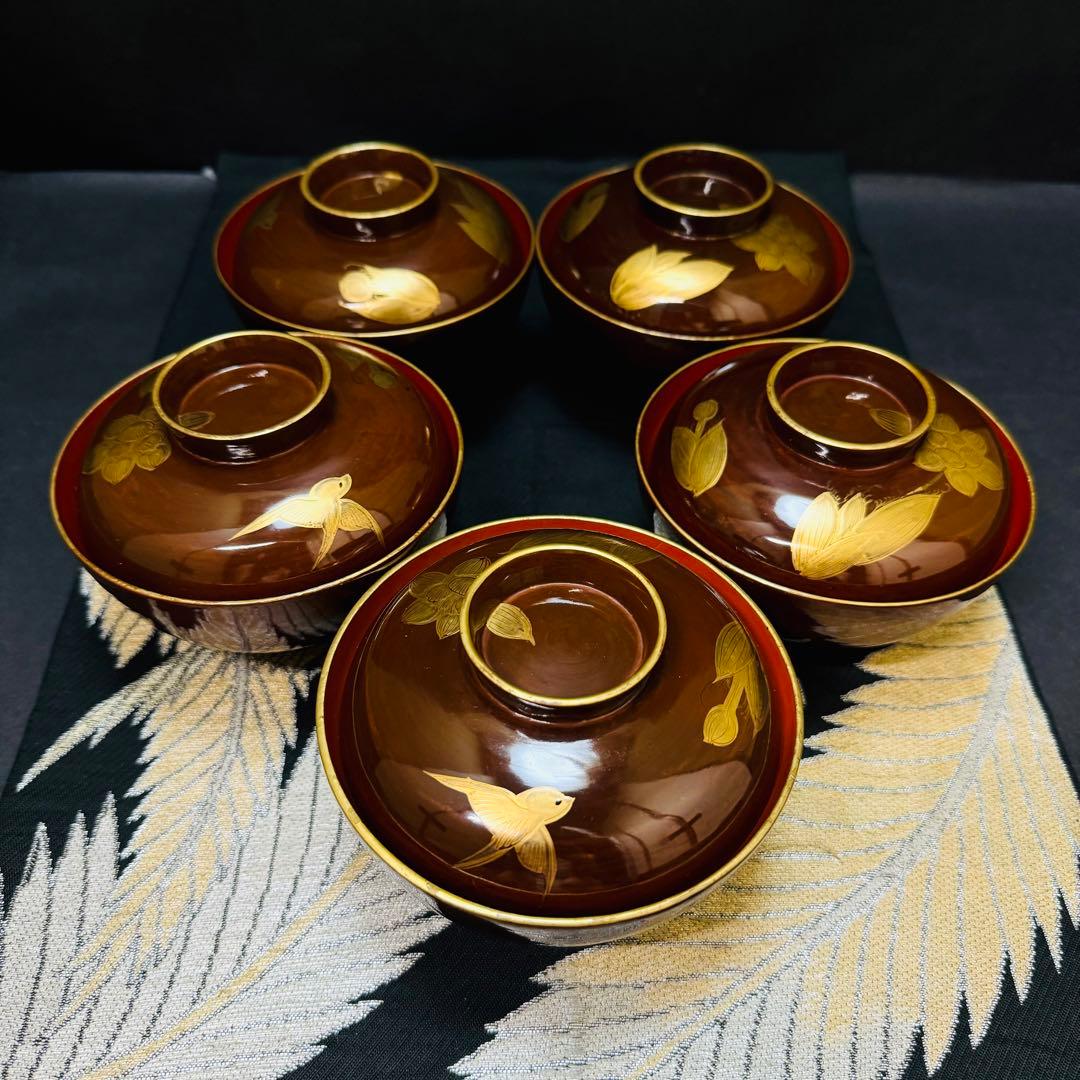漆器 輪島塗 蒔絵 沈金木製 蓋付椀 お煮物椀 吸物椀 5客 骨董品 - メルカリ