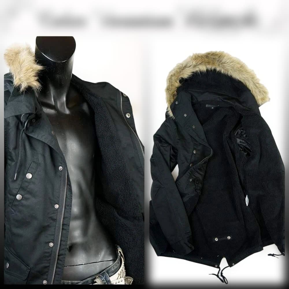 ミリタリー系 裏ボアファー付 モッズコート☆ブラック☆LL