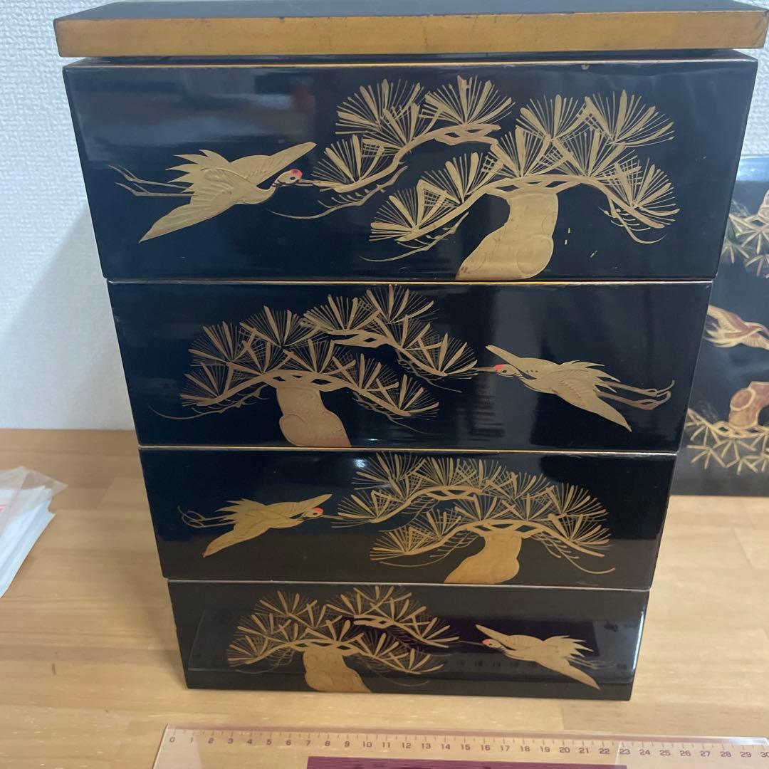 鶴 松 漆 金箔 お重箱 4段 2段 骨董品 昭和 漆塗り 重箱 お弁当箱